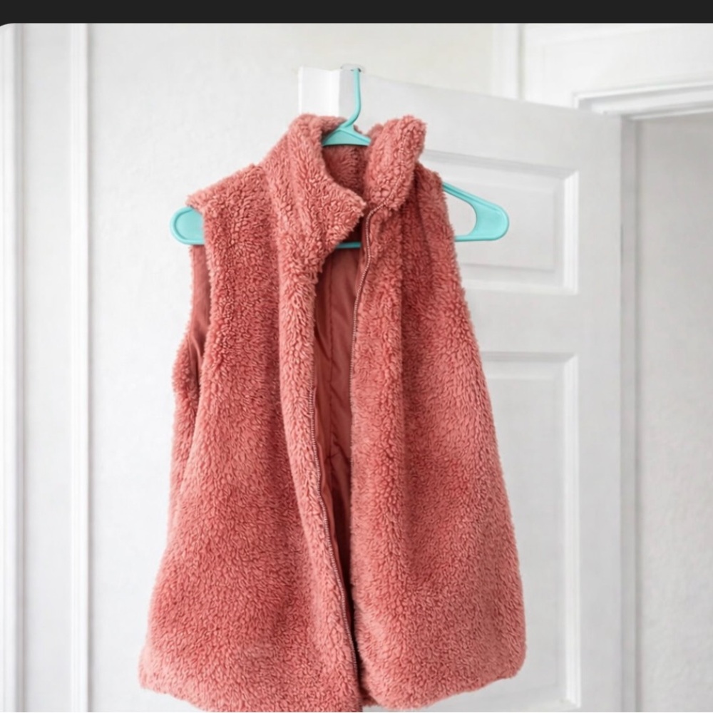 Sherpa Fleece Full-Zip Vest – Dusty Rose Fuzzy Teddy Gilet – Women’s Medium